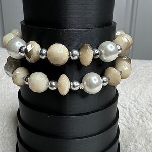 Neutral Beaded Bracelet Set of 2 in Silver Cream Brown Boho Stretch NWOT